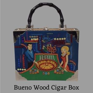 Vintage Bueno Cigar Box Handbag, Las Vegas Casino Theme, Sequins and Beads, Wood